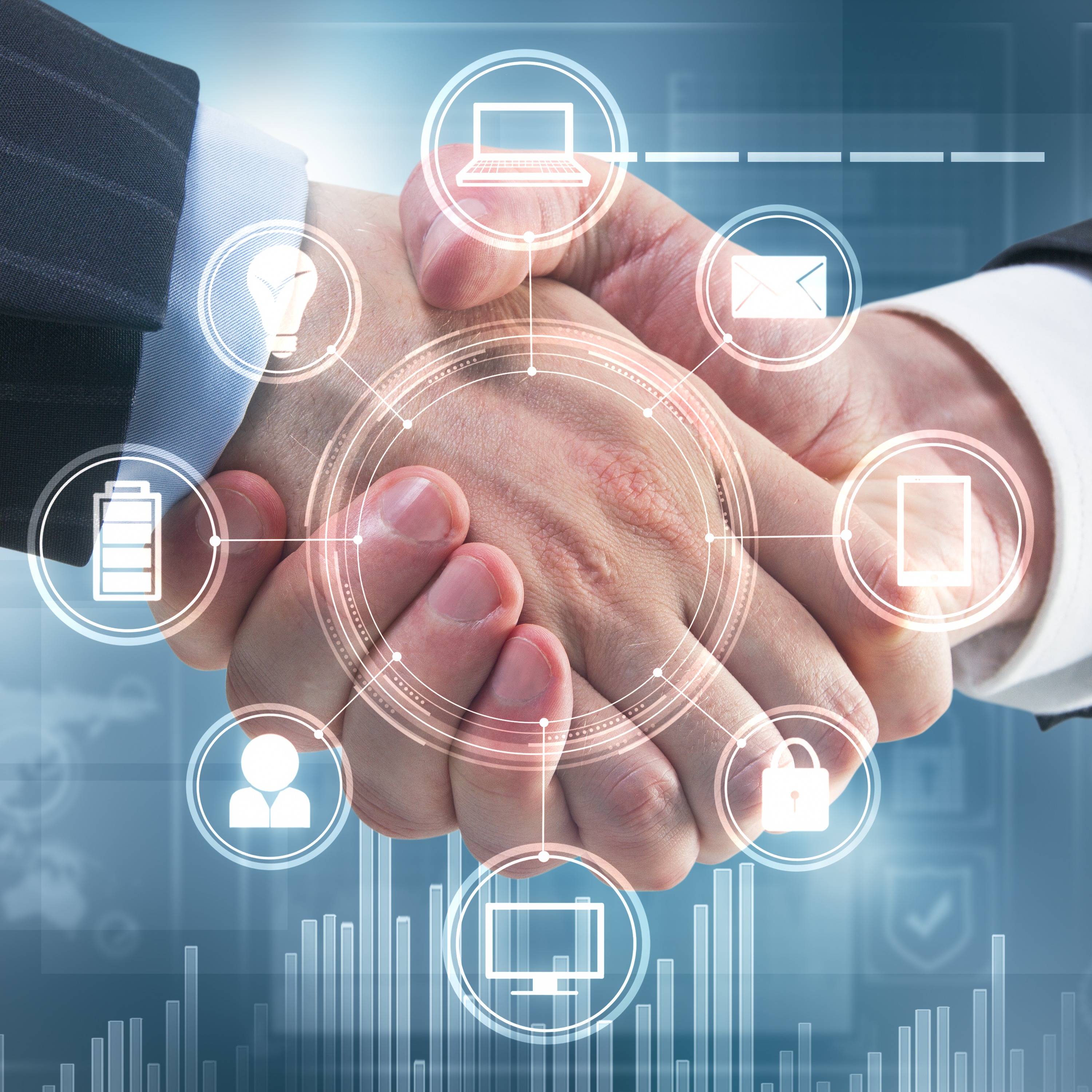 Handschlag vor digitalem Hintergrund mit Technologie-Icons