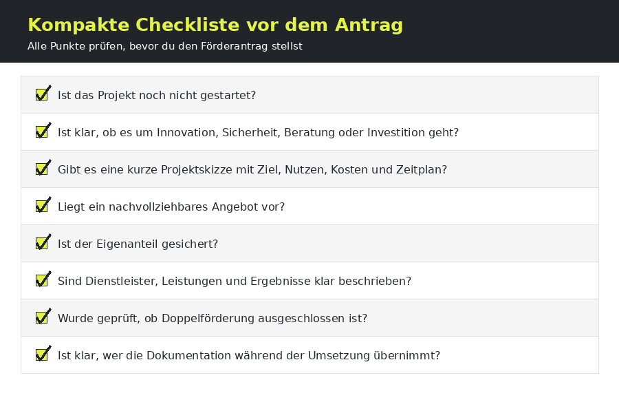 Kompakte Checkliste vor dem Förderantrag