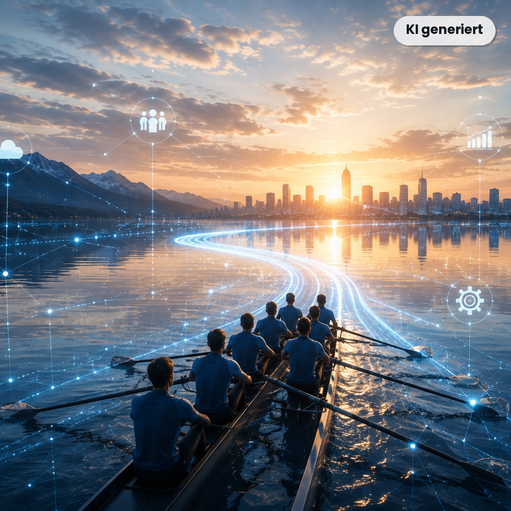 Team rudert gemeinsam auf einem See mit digitalen Vernetzungssymbolen – Metapher für digitale Transformation